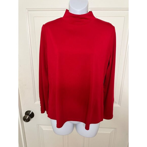 Mock Neck Red Long Sleeve Top With Button Accent On Shoulder Petite Medium Sleek - Picture 4 of 11